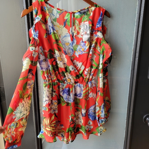 Fashion Nova Tops - NWT Fashion Nova Orange Floral Small Long Sleeve Elastic Waist V Neck Romper